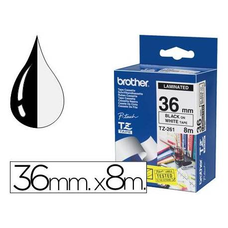Cinta Brother TZ-261 36mm (ancho) x 8m (largo) laminada blanco/negro