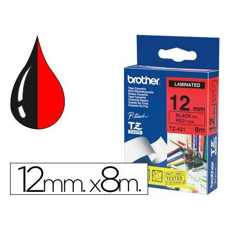 Cinta Brother TZ-431 12mm (ancho) x 8m (largo) laminada negro/rojo