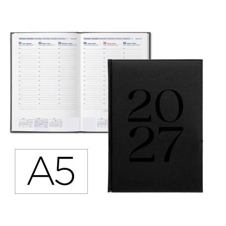 AGENDA OFICINA MARCA LIDERPAPEL 2027 ENCUADERNADA CRETA SEMANA VISTA A5 BILINGUE 70G PAPEL FSC BLACK