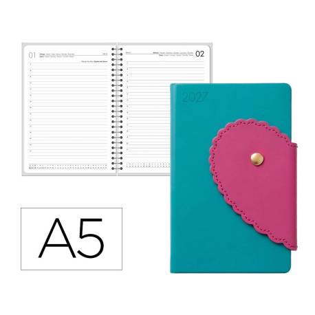 AGENDA OFICINA MARCA LIDERPAPEL 2027 ENCUADERNADA HEART CLOSURE DIA PAGINA A5 BILINGUE 70G PAPEL FSC DESIGN