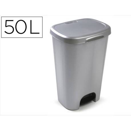 PAPELERA CONTENEDOR PLASTICFORTE DE PLASTICO CON TAPADERA Y PEDAL 50 LITROS COLOR PLATA 410X360X635 MM