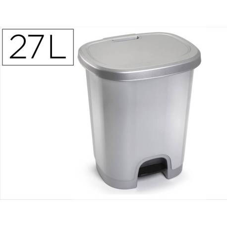 PAPELERA CONTENEDOR PLASTICFORTE PLASTICO CON TAPADERA Y PEDAL 27 LITROS PLATA 380X320X450 MM