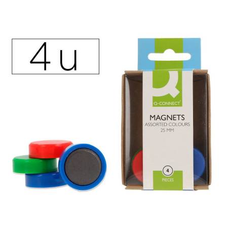 IMAN PARA SUJECION MARCA Q-CONNECT IDEAL PARA PIZARRAS MAGNETICAS 25 MM COLORES SURTIDOS CAJA DE 4 UNIDADES
