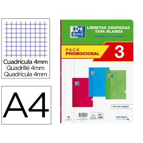 LIBRETA ESCOLAR MARCA OXFORD TAPA BLANDA DIN A4 48 HOJAS CUADRO 4 MM PACK DE 3 UNIDADES COLORES SURTIDOS