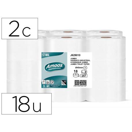 PAPEL HIGIENICO MARCA AMOOS JUMBO INDUSTRIAL 2 CAPAS 30G/M2 PAQUETE DE 18 ROLLOS