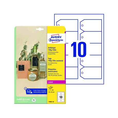 ETIQUETA COLGANTE AVERY COLOR BLANCA 90X50 MM IMPRIMIBLE DOBLE CARA PLASTICO 190 MC PACK DE 100 UNIDADES