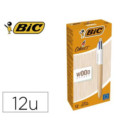 BOLIGRAFO MARCA BIC CUATRO COLORES WOOD CAJA DE 12 UNIDADES COLORES SURTIDOS