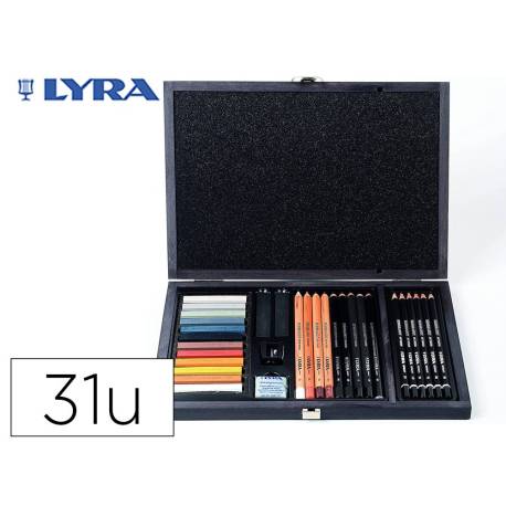 SET DIBUJO MARCA LYRA ESTUCHE DE MADERA CON 31 PIEZAS SURTIDAS