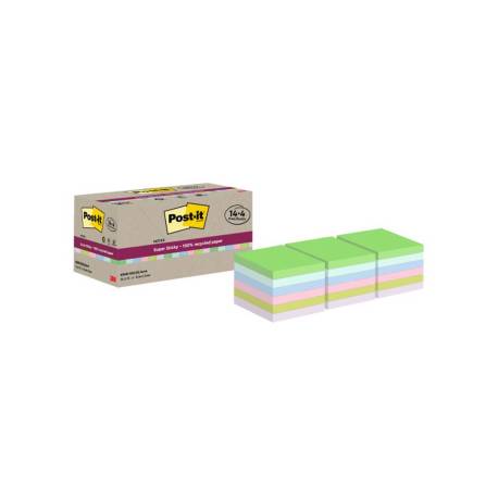 BLOC DE NOTAS ADHESIVAS QUITA Y PON MARCA POST-IT SUPER STICKY 76X76 MM 70 HOJAS RECICLADAS PAQUETE DE 14 UNIDADES