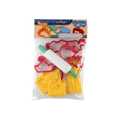 JUEGO MARCA JOVI RODILLO PARA PLASTILINA + 12 MOLDES FORMAS SURTIDAS