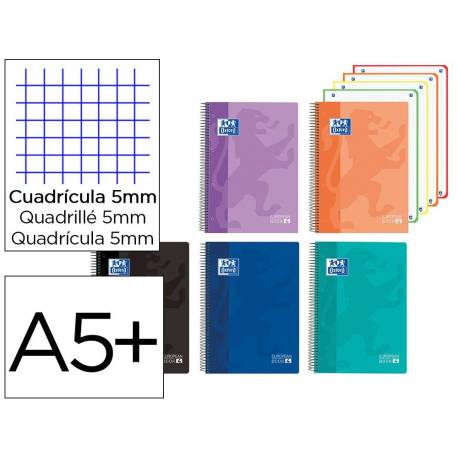 CUADERNO ESPIRAL MARCA OXFORD EUROPEANBOOK 4 CLASSIC TAPA PLASTICO DIN A5+ 120 HOJAS CUADRO 5 MM COLORES VIVOS