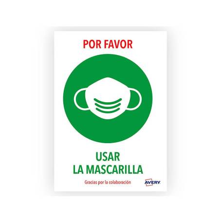 SEÑAL ADHESIVA AVERY USAR MASCARILLA DIN A4 RESISTENTE A LOS RAYOS UV PACK DE 2 UDS