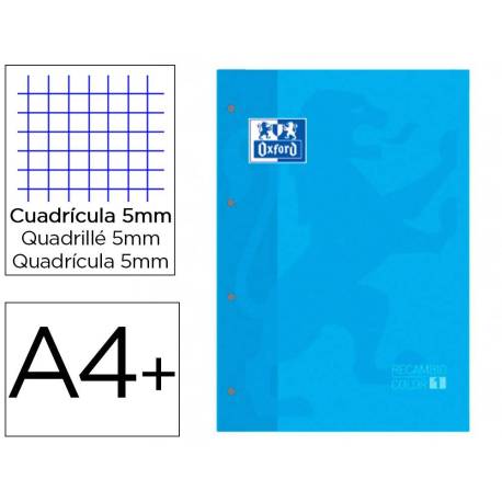 Recambio color 1 oxford din a4+ 80 hojas 90 gr cuadro 5 mm 4 taladros color turquesa.