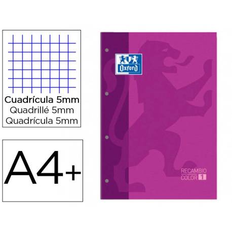 Recambio color 1 oxford din a4+ 80 hojas 90 gr cuadro 5 mm 4 taladros color morado.