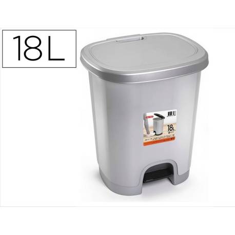 PAPELERA CONTENEDOR PLASTICFORTE DE PLASTICO CON TAPADERA Y PEDAL 18 LITROS COLOR PLATA 330X280X405 MM
