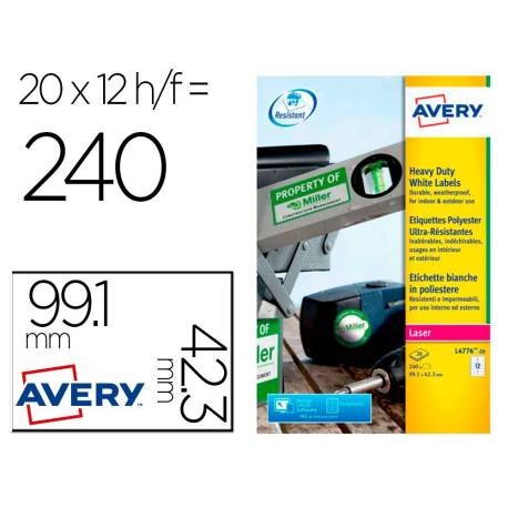 ETIQUETA ADHESIVA AVERY POLIESTER COLOR BLANCO PARA IMPRESORA LASER 99,1X42,3 MM CAJA DE 240 UNIDADES