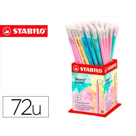 LAPICES DE GRAFITO CON GOMA MARCA STABILO SWANO MINA 2,2 MM DUREZA HB EXPOSITOR DE 72 UNIDADES COLORES PASTELES