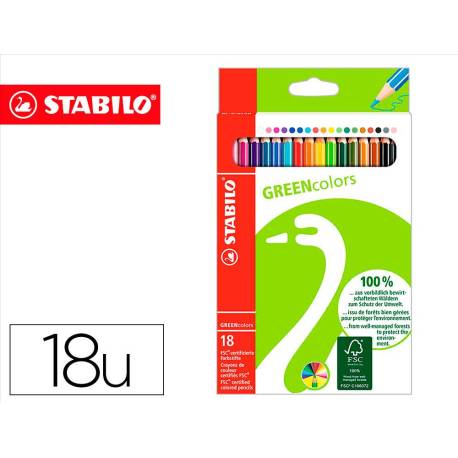 LAPICES DE COLORES MARCA STABILO GREEN COLORS CON CERTIFICADO FSC ESTUCHE CARTON DE 18 UNIDADES COLORES SURTIDOS