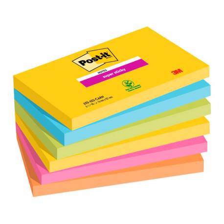 BLOC DE NOTAS ADHESIVAS QUITA Y PON POST IT SUPER STICKY CARNIVAL 100% PEFC 76X127 MM PACK DE 6 BLOCS COLORES SURTIDOS