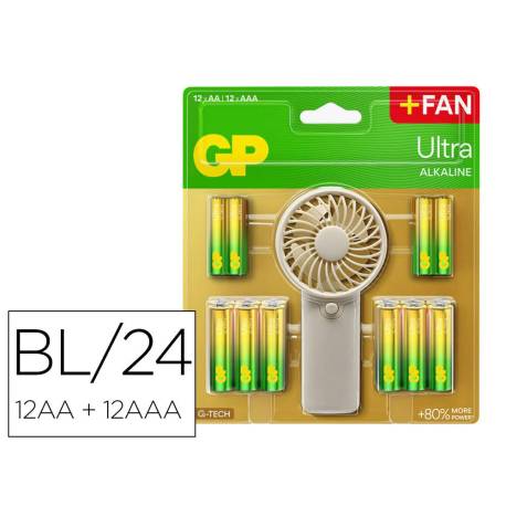 PILA MARCA GP ULTRA ALCALINA BLISTER DE 12 UNIDADES AA + 12 UNIDADES AAA + VENTILADOR DE MANO