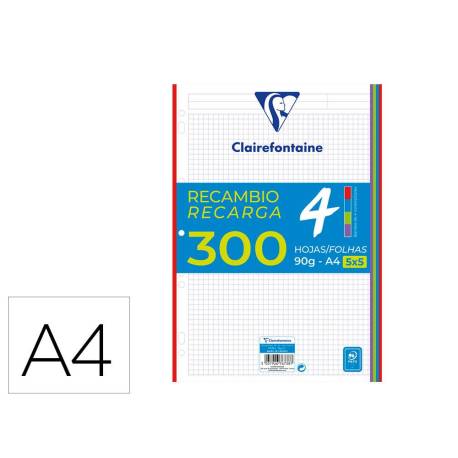 RECAMBIO MARCA CLAIREFONTAINE DIN A4 300 HOJAS 90 GR CUADRO 5 MM CON BANDAS DE 5 COLORES VIVOS
