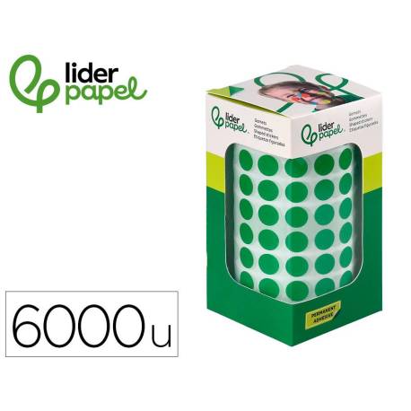 GOMETS MARCA LIDERPAPEL AUTOADHESIVO S CIRCULOS 10,5 MM VERDE ROLLO DE 6000 UNIDADES EN CAJA DE CARTON